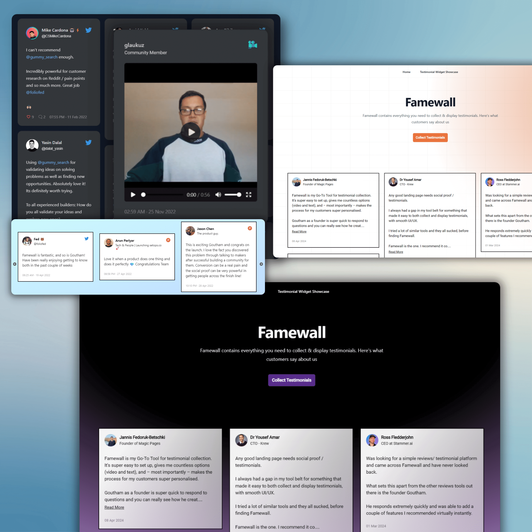 Famewall Google review widget layouts including masonry grid, carousel, and popup