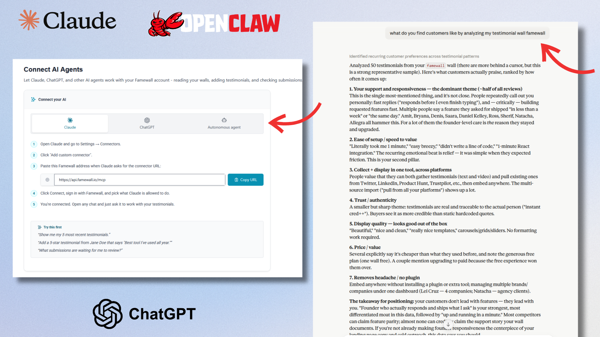 AI agents connected to Famewall reading and managing testimonials through the MCP server