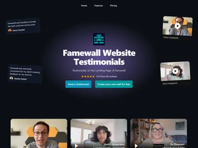 Constellation Wall of Fame page: testimonial cards and videos float around a centered headline on a dark violet background