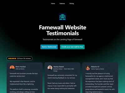 Dark Gradient Wall of Fame page: headline on a black and teal gradient above dark testimonial cards