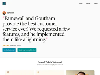 Headliner Wall of Fame page: one customer quote set as a large serif headline above the rating and buttons