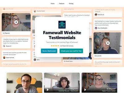 Kinetic Wall of Fame page: columns of testimonial cards and videos behind a white headline panel on a peach background