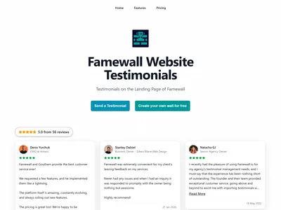 Plain Grid Wall of Fame page: headline and buttons on a light grid above testimonial cards