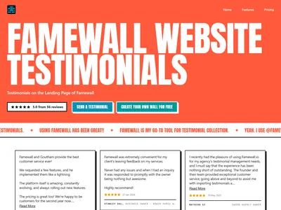 Poster Wall of Fame page: a huge condensed headline on a coral background above a scrolling quote band