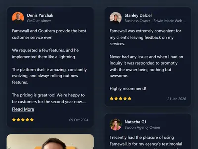 Aurora Glass testimonial widget: dark glass cards with light text and gold star ratings