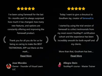Award testimonial widget: quotes framed by laurel wreaths under gold stars on a black background