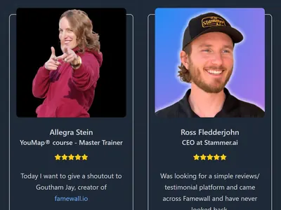 Banner Review testimonial widget: dark cards led by large reviewer photos, with name, role and gold stars