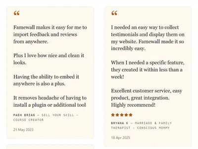 Broadsheet testimonial widget: magazine-style serif pull quotes on cream cards