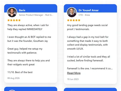 Colorband testimonial widget: white cards topped by a blue band with the reviewer name and photo