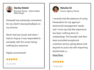 Graphic Embed testimonial widget: white cards with bold black borders around each testimonial