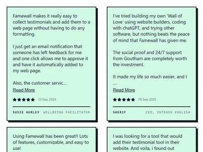 Ink Block testimonial widget: mint cards with heavy black borders and hard offset shadows