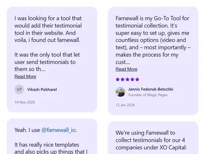 Megaphone testimonial widget: quotes in large type on lavender cards with violet stars