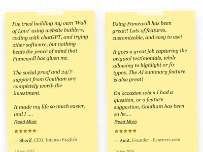 Pinboard testimonial widget: tilted yellow notes held up with tape, quotes set in italic serif