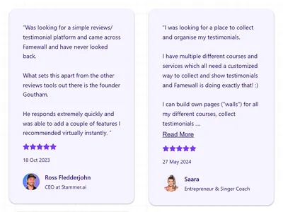 Plain Colored testimonial widget: soft lavender cards with purple star ratings