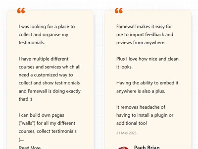 Quote Style testimonial widget: warm cream cards led by large orange quote marks