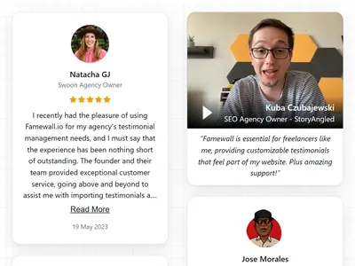 Spotlight testimonial widget: a centered reviewer photo above the rating and quote, next to a video testimonial