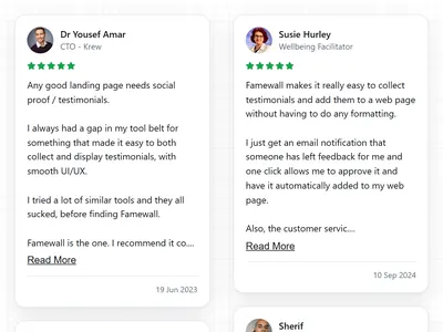 Topline testimonial widget: white review cards with the reviewer and green stars on top