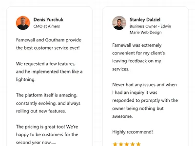 Wall of Fame testimonial widget: white cards with the reviewer photo and name above the quote
