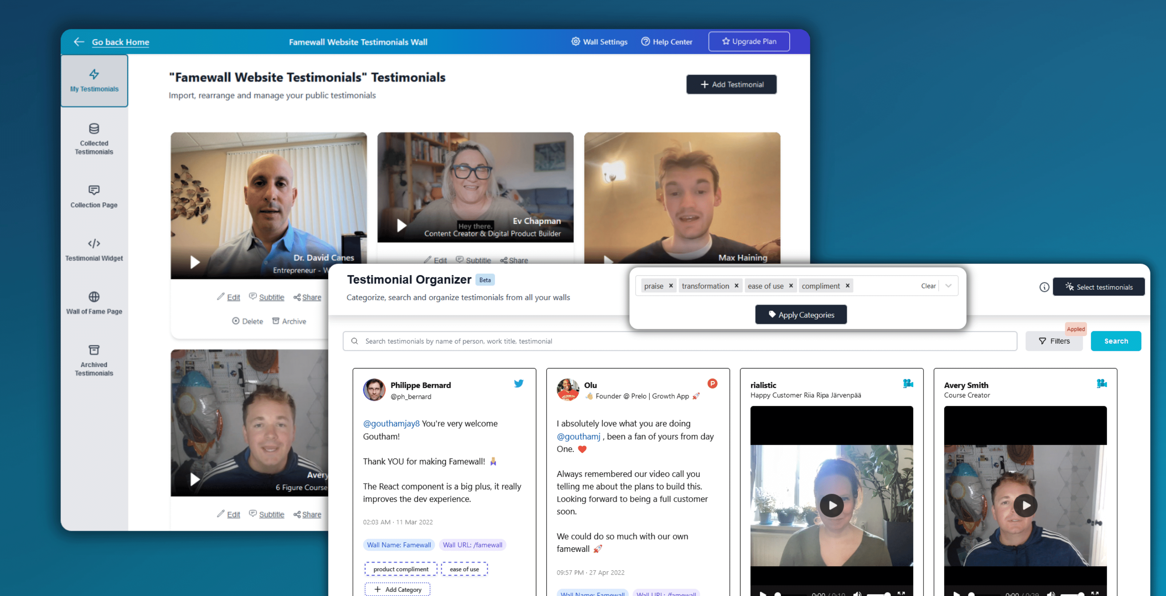 Famewall dashboard showing Google review import and widget customization